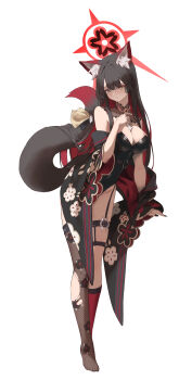 1girl absurdres alternate_costume animal_ear_fluff animal_ears black_hair black_leotard black_tail black_thighhighs blue_archive breasts cleavage closed_mouth colored_inner_hair commentary_request fingernails fishnet_thighhighs fishnets fox_ears fox_girl full_body gradient_tail hair_between_eyes halo hand_up highres korean_commentary large_breasts leaning_forward leotard long_hair multicolored_hair nail_polish no_shoes o-ring o-ring_thigh_strap red_hair red_halo red_tail simple_background single_thighhigh smile solo standing strapless strapless_leotard tassel thigh_strap thighhighs torn_clothes torn_thighhighs vam_(js_vam) very_long_hair wakamo_(blue_archive) white_background yellow_eyes