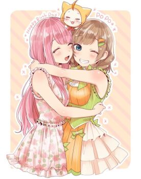 2girls =_= ^_^ ahoge animal animal_on_head apron artist_request bare_arms bare_shoulders blue_eyes blunt_bangs bobo_(miracle_nikki) border bow bowtie braid brown_hair cat cat_on_head character_name closed_eyes clothed_animal cropped_legs daisy_(flower) dot_nose ear_covers floral_print flower frilled_shirt frilled_skirt frills green_bow green_bowtie green_vest grin hair_bow hair_flower hair_ornament hair_over_shoulder hairclip happy happy_birthday heads_together hood hood_up hug light_blush long_hair long_sidelocks looking_at_viewer miniskirt miracle_nikki momo_(nikki) multiple_girls nikki_(nikki) nikki_(series) on_head one_eye_closed open_mouth orange_apron outline outside_border parallel_hairclips pink_hair pink_shirt pink_skirt pinstripe_pattern pinstripe_vest pleated_skirt print_shirt print_skirt red_bow red_bowtie rose_print shirt sidelocks skirt skirt_set sleeveless sleeveless_shirt smile source_request striped_apron striped_background striped_clothes third-party_source twin_braids typo vertical-striped_apron vertical-striped_bowtie vertical-striped_clothes very_long_hair vest wavy_hair whiskers white_border white_cat white_flower white_outline white_shirt white_skirt yellow_background yellow_hood yuri