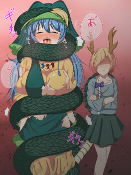 2girls absurdres asphyxiation baketsumuri haniyasushin_keiki highres kicchou_yachie multiple_girls tagme torn_clothes touhou