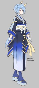 Rule 34 | 1girl, absurdres, animal ears, black kimono, blue eyes, blue hair, blue kimono, blue socks, blush, breasts, closed mouth, commentary request, ear covers, gloves, gradient clothes, gradient kimono, hair between eyes, highres, horse ears, horse girl, horse tail, japanese clothes, k.s.miracle (umamusume), kimono, long sleeves, looking at viewer, obi, sandals, saramiao-chan, sash, short hair, simple background, socks, solo, tail, umamusume, white gloves