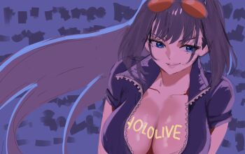 1girl 2025 black_hair blue_eyes blue_jacket body_writing breasts cleavage collarbone copyright_name cosplay eyewear_on_head highres hololive hololive_english jacket large_breasts long_hair nico_robin nico_robin_(cosplay) nico_robin_(return_to_sabaody) one_piece ouro_kronii parted_lips redi_(rasec_asdjh) scene_reference shiny_skin short-sleeved_jacket short_sleeves smile solo sunglasses sunglasses_on_head upper_body virtual_youtuber zipper