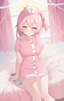 Rule 34 | 1girl, :o, absurdres, bed sheet, blue archive, blush, breasts, curtains, dress, feather hair, feathers, hair between eyes, hair ribbon, halo, hand up, highres, holding, holding thermometer, kooriais, looking at viewer, medium breasts, on bed, one side up, open mouth, panties, pantyshot, pink dress, pink eyes, pink feathers, pink hair, pink petals, pink ribbon, ribbon, serina (blue archive), serina (nurse) (blue archive), short hair, short sleeves, sitting, solo, thermometer, underwear, white panties, yellow halo