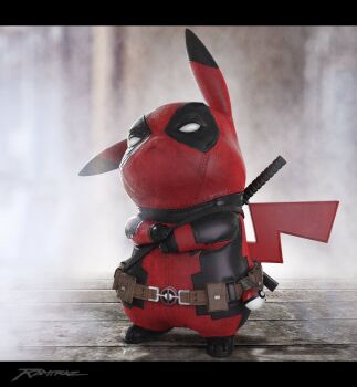 1boy 3d belt bodysuit crossover deadpool deadpool_(series) full_body gen_1_pokemon gradient_background halloween highres male_focus marvel mask nintendo no_humans pikachu pokemon pokemon_(creature) ramtraz ryan_reynolds signature solo voice_actor_connection weapon