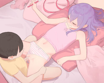1boy 1girl bed blanket blush camisole kodomo_doushi clothed_sex clothing_aside cum cum_in_pussy from_above hetero light_blush loli long_hair lying midriff missionary navel on_back one_eye_closed original panties panties_aside penis pillow pink_camisole pumpkinspicelatte purple_hair pussy red_eyes sex shota spread_legs stomach streamers striped_clothes striped_panties stuffed_animal stuffed_toy teddy_bear uncensored underwear vaginal