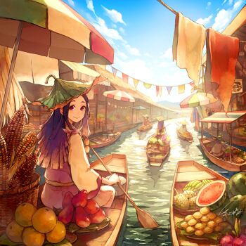 1girl akagi_shun apple awning banana basket black_hair blue_sky blush boat closed_mouth cloud corn day dragon_fruit food from_behind fruit hair_ornament holding holding_oar laundry leaf leaf_hat leaf_on_head long_hair long_sleeves looking_at_viewer low-tied_long_hair market oar original outdoors parasol plate pomelo pot purple_hair railing red_eyes revision river sash signature sitting sky smile solo_focus string_of_flags striped thatched_roof tropical umbrella water watercraft watermelon