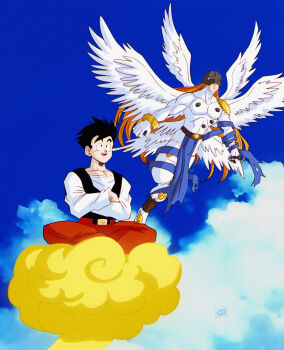 Rule 34 | absurdres, angemon, belt, black hair, black vest, blue background, blue sky, bodysuit, bracelet, cloud, cloudy sky, collarbone, digimon, digimon (creature), digimon adventure, dragon ball, dragonball z, flying, flying nimbus, highres, jewelry, long hair, looking at another, masked, multiple wings, muscular, orange hair, orange pants, pants, pectorals, pelvic curtain, salvamakoto, sky, smile, son gohan, torn clothes, vest, white bodysuit, wings, yellow clouds