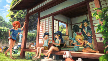 2boys 5girls :d absurdres adaman_(pokemon) akari_(pokemon) alternate_costume arezu_(pokemon) barefoot berry black_hair blonde_hair blue_eyes character_request cloud commentary cyndaquil day food fruit gen_2_pokemon gen_3_pokemon gen_4_pokemon gen_5_pokemon gen_7_pokemon glaceon grass green_hair hair_ornament hairclip highres hisuian_growlithe hisuian_zorua holding holding_food holding_pokemon irida_(pokemon) looking_down luxio multicolored_hair multiple_boys multiple_girls nintendo off-shoulder_shirt off_shoulder open_mouth oshawott outdoors piplup pokemon pokemon_(creature) pokemon_legends:_arceus red_hair rei_(pokemon) rowlet rtb_(jbsb8423) sabi_(pokemon) sandals shirt shorts sitting sky smile teeth toes unworn_shirt upper_teeth_only watermelon watermelon_slice wurmple