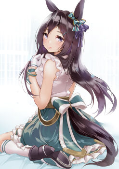 Rule 34 | 1girl, animal ears, blush, bow, breasts, brown hair, closed mouth, commentary request, ear bow, gloves, green skirt, hair between eyes, hair ornament, hairclip, highres, horse ears, horse girl, horse tail, koji (kojikojimdw), long hair, looking at viewer, looking back, mejiro dober (off the line) (umamusume), mejiro dober (umamusume), purple eyes, shirt, shoes, sitting, skirt, sleeveless, sleeveless shirt, socks, solo, tail, umamusume, wariza, white gloves, white shirt, white socks