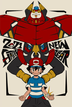 1boy 2021 =_= absurdres ash_ketchum baseball_cap berry_(pokemon) black_hair black_shorts blue_eyes blue_shirt bracelet brown_eyes closed_eyes closed_mouth commentary_request cosplay darumaka darumaka_(cosplay) english_text face_piercing food food_on_head fruit fruit_on_head gen_5_pokemon gen_7_pokemon happy_new_year hat highres horns jewelry legendary_pokemon male_focus new_year nintendo nose_piercing nose_ring nostrils object_on_head on_head oran_berry ottoyamaotoko8 piercing poke_ball poke_ball_(basic) pokemon pokemon_(anime) pokemon_(creature) pokemon_on_head pokemon_sm_(anime) red_hat rowlet shirt short_hair short_sleeves shorts simple_background sleeping smile spiked_hair t-shirt tapu_bulu v-shaped_eyebrows z-ring