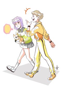 Rule 34 | +++, 2girls, animal, black eyes, blank speech bubble, blonde hair, blush, cat, closed mouth, commentary, english commentary, eyelashes, full body, green jacket, grey skirt, highres, holding, holding animal, holding cat, hood, hood down, hoodie, huang pao-lin, jacket, lara tchaikoskaya, long sleeves, multiple girls, open mouth, orange jacket, pants, purple hair, seratorrante, shoes, short hair, signature, simple background, skirt, sleeveless, sleeveless jacket, smile, socks, speech bubble, teeth, tiger &amp; bunny, very short hair, walking, white background, white shoes, white socks, yellow hoodie, yellow pants, yellow shoes