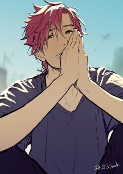 1boy absurdres alternate_costume black_pants black_shirt brown_eyes casual commentary_request crew_neck dragon fire_emblem fire_emblem:_three_houses flag highres looking_at_viewer male_focus nintendo own_hands_together pants red_hair s3junk shirt short_sleeves sitting sky solo sylvain_jose_gautier t-shirt twitter_username