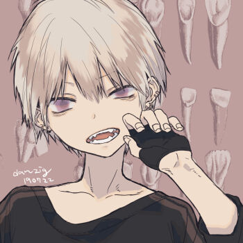 Rule 34 | 1boy, artist name, bad id, bad pixiv id, black gloves, black shirt, blonde hair, brown background, collarbone, copyright request, dated, earclip, earrings, fangs, fingerless gloves, gloves, hair between eyes, hand up, jewelry, long sleeves, looking at viewer, male focus, open mouth, portrait, purple eyes, shirt, shoden, short hair, solo, t-shirt, teeth