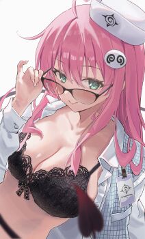 1girl absurdres adjusting_eyewear ahoge bespectacled black-framed_eyewear black_bra blurry bra breasts character_name chinese_commentary cleavage closed_mouth collarbone collared_shirt commentary demon_girl demon_tail depth_of_field dutch_angle eyelashes film_grain floral_print floral_print_bra glasses green_eyes hair_between_eyes hair_over_shoulder hand_up hat highres id_card kivara lala_satalin_deviluke large_breasts long_hair long_sleeves looking_at_viewer open_clothes open_shirt peke_(to_love-ru) pink_hair pinky_out plaid_clothes plaid_shirt print_bra rose_print shirt sidelocks simple_background smile solo split_mouth tail to_love-ru tsurime underwear upper_body white_background white_hat white_shirt