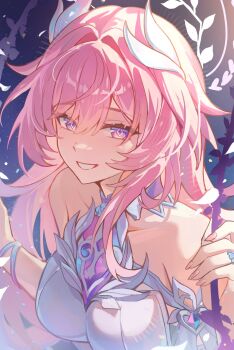 1girl bare_shoulders breasts commentary cyrene_(honkai:_star_rail) cyrene_(ripples_of_past_reverie)_(honkai:_star_rail) diamond-shaped_pupils diamond_(shape) fingernails hair_between_eyes hair_intakes hair_ornament halo halo_behind_head highres honkai:_star_rail honkai_(series) large_breasts long_fingernails long_hair looking_at_viewer nail_polish parted_lips pink_hair pink_nails purpe_eyes smile solo symbol-shaped_pupils upper_body uwon