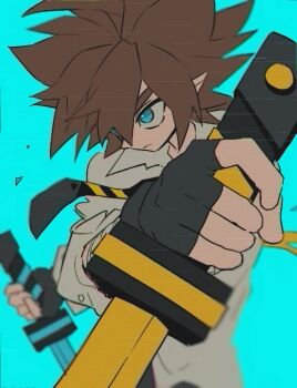 Rule 34 | 1boy, ahoge, anmicius, aotu world, aqua background, aqua eyes, black gloves, black necktie, blue background, brown hair, closed mouth, collared shirt, dual wielding, fighting stance, fingerless gloves, gloves, hair between eyes, highres, holding, holding sword, holding weapon, male focus, necktie, pointy ears, rnlcksmaalcls, shirt, short hair, simple background, solo, spiked hair, sword, upper body, weapon, white shirt