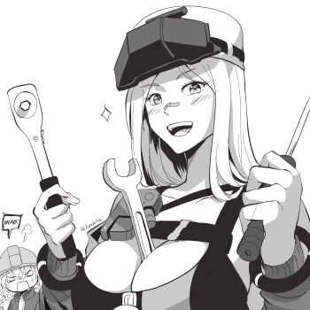 2girls anger_vein arm_up bandaid bandaid_on_face bandaid_on_nose bare_shoulders belt between_breasts breasts centi_(nikke) cleavage collarbone commentary_request crop_top english_text goddess_of_victory:_nikke greyscale hard_hat helmet highres holding jacket kanein large_breasts liter_(nikke) long_hair looking_at_viewer mighty_tools_(nikke) monochrome multiple_girls off_shoulder open_clothes open_jacket open_mouth parted_bangs screwdriver smile speech_bubble star_(symbol) tank_top upper_body wrench