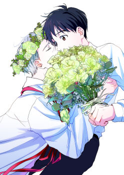 2boys black_hair bouquet brown_eyes closed_eyes collared_shirt commentary flower green_flower head_wreath highres holding holding_bouquet implied_kiss katsuki_yuuri male_focus multiple_boys myfavorite2b pants red_ribbon ribbon shirt short_hair simple_background symbol-only_commentary viktor_nikiforov white_background white_hair white_shirt yaoi yuri!!!_on_ice