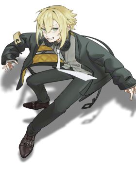 1boy black_jacket black_pants black_straps blonde_hair brown_shoes buttons cardigan collared_shirt commentary_request flipped_hair full_body green_eyes grey_cardigan grey_shirt grin hair_between_eyes headphones headphones_around_neck highres jacket layered_sleeves leaning_forward looking_at_viewer male_focus necktie nijisanji official_alternate_costume ongoforoekaki open_clothes open_jacket pants safety_pin school_uniform shirt shoes short_hair sidelocks simple_background sleeves_past_wrists smile solo two-sided_fabric two-sided_jacket uzuki_kou v-shaped_eyebrows virtual_youtuber white_background white_necktie yellow_jacket zipper zipper_pull_tab