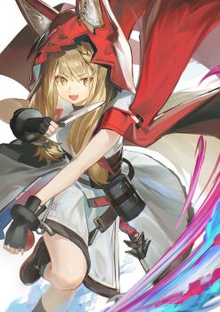 Rule 34 | 1girl, :d, animal ear fluff, animal ears, arknights, arknights: endfield, arts (90620075), black gloves, blonde hair, cape, commentary, dagger, dress, ears through headwear, fang, fingerless gloves, gloves, highres, holding, holding dagger, holding knife, holding weapon, hood, hood up, hooded cape, knife, long hair, looking at viewer, open mouth, red cape, rossi (arknights), simple background, smile, solo, tail, weapon, white background, white dress, wolf ears, wolf girl, wolf tail, yellow eyes