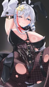 1girl absurdres animal_ears arm_up armpits belt between_breasts black_background black_belt black_bow black_bowtie black_leotard blue_eyes blue_hair blush bow bowtie breasts bright_pupils brown_pantyhose cameltoe closed_mouth colored_inner_hair commentary covered_anus cross-shaped_pupils detached_sleeves fake_animal_ears feet_out_of_frame hair_between_eyes hair_ornament highres krabking large_breasts leotard looking_at_viewer looking_down multicolored_hair original pantyhose playboy_bunny rabbit_ears red_streaks see-through_clothes see-through_leotard simple_background solo star_(symbol) star_hair_ornament symbol-only_commentary symbol-shaped_pupils thigh_belt thigh_strap torn_clothes torn_pantyhose white_hair white_pupils white_sleeves