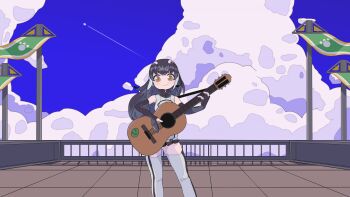 1girl african_penguin_(kemono_friends) bare_shoulders black_hair blue_sky brown_eyes elbow_gloves gloves guitar headphones highres hood hoodie instrument kemono_friends kemono_friends_v_project long_hair looking_at_viewer microphone multicolored_hair onaji_(sokudo_seigen) outdoors penguin_girl skirt sky sleeveless solo thighhighs virtual_youtuber zipper