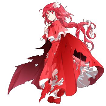 1girl alphes_(style) bow braid capelet commentary_request crying dairi defeat frilled_skirt frilled_socks frills full_body highres large_variant_set long_braid long_hair long_skirt okazaki_yumemi parody red_bow red_capelet red_hair red_shoes red_skirt red_vest shirt shoes single_braid skirt socks solo style_parody tachi-e torn_clothes touhou touhou_(pc-98) transparent_background variant_set very_long_hair vest white_shirt white_socks