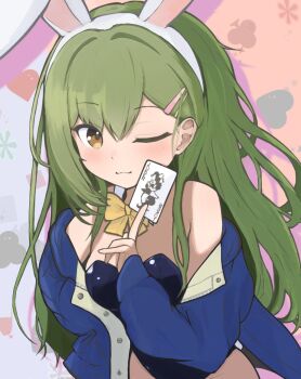 1girl ;3 animal_ear_hairband animal_ears armpit_crease bare_shoulders black_one-piece_swimsuit blue_jacket blush bow bowtie brown_eyes card commentary cowboy_shot detached_collar fake_animal_ears hair_ornament hairband hairclip holding holding_card jacket joker_(playing_card) leotard link!_like!_love_live! long_hair long_sleeves looking_at_viewer love_live! off_shoulder ogami_sachi one-piece_swimsuit one_eye_closed parallel_hairclips pink_background playboy_bunny playing_card rabbit_ear_hairband rabbit_ears solo strapless strapless_leotard swimsuit tokusa_(sachi_biglove) very_long_hair white_hairband yellow_bow yellow_bowtie