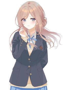 Rule 34 | 1girl, arm behind back, black jacket, blazer, blue eyes, blue ribbon, blue skirt, blush, brown hair, closed mouth, collared shirt, cowboy shot, dress shirt, floating hair, gakuen idolmaster, hair bun, hand up, hatsuboshi gakuen school uniform, highres, himesaki rinami, idolmaster, jacket, light smile, long hair, long sleeves, looking at viewer, neck ribbon, nervous, partially unbuttoned, pleated skirt, pure 556, ribbon, school emblem, school uniform, shirt, simple background, single hair bun, single side bun, skirt, solo, standing, sweater, twirling hair, white background, white shirt, wind, yellow sweater