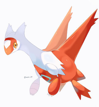 claws commentary_request full_body gen_3_pokemon highres iwasi_29 latias legendary_pokemon nintendo no_humans pokemon pokemon_(creature) pokemon_focus simple_background solo twitter_username white_background yellow_eyes