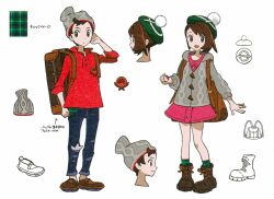 Rule 34 | 1boy, 1girl, backpack, bag, beanie, boots, brown eyes, brown footwear, brown hair, cardigan, character sheet, concept art, creatures (company), denim, dress, game freak, gloria (pokemon), green headwear, green legwear, grey cardigan, hat, holding, holding poke ball, jeans, nintendo, official art, open mouth, pants, pink dress, poke ball, poke ball (basic), pokemon, pokemon swsh, red shirt, scan, shirt, shoes, short hair, sleeves rolled up, smile, socks, suitcase, tam o&#039; shanter, translation request, victor (pokemon)