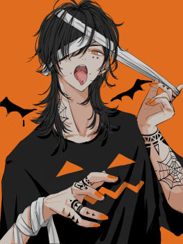 1boy absurdres arm_tattoo bandages barbell_piercing black_hair black_shirt commentary cross ear_piercing english_commentary finger_tattoo fingernails halloween highres latin_cross looking_at_viewer male_focus mixed-language_commentary nail_polish neck_tattoo niwa281610 orange_background orange_eyes orange_nails original piercing shirt solo spider_web_tattoo tattoo teeth tongue tongue_out tongue_piercing upper_teeth_only wings