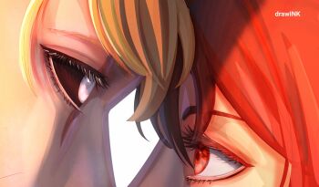 1boy 1girl artist_name black_hair black_sclera blonde_hair boruto:_two_blue_vortex close-up colored_sclera commentary drawink eye_contact eyelashes facial_mark hashtag-only_commentary highres jougan looking_at_another mangekyou_sharingan naruto_(series) red_eyes scar scar_across_eye scar_on_face sharingan uchiha_sarada uzumaki_boruto whisker_markings white_eyes