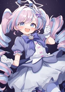 1girl ahoge blue_archive blue_eyes blue_hair blue_pantyhose bow bowtie commentary delfino dress drill_hair earrings gloves hair_ornament halo highres jewelry long_hair magical_girl multicolored_hair open_mouth pantyhose pink_hair puffy_short_sleeves puffy_sleeves purple_bow purple_bowtie reisa_(blue_archive) reisa_(magical)_(blue_archive) revision short_sleeves solo star_(symbol) star_earrings star_hair_ornament star_halo striped_clothes striped_pantyhose teeth twin_drills twintails two-tone_hair upper_teeth_only very_long_hair white_gloves white_halo wing_hair_ornament