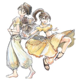 2girls backpack bag barefoot beret black_hat brown_bag brown_sandals closed_mouth commentary_request cosplay costume_switch dancer green_eyes hair_between_eyes harem_pants hat high_ponytail highres long_skirt looking_at_viewer multiple_girls octopath_traveler octopath_traveler_i official_alternate_costume open_mouth outstretched_arms pants ponytail primrose_azelhart qqqqqli sandals simple_background skirt smile tressa_(octopath_traveler) tressa_colzione white_background yellow_skirt