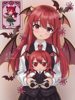 >:) 1girl ahoge artist_name bat_(animal) bat_wings black_pantyhose black_shoes black_skirt black_vest black_wings blush book bright_pupils buttons card character_doll character_name collared_shirt commentary cowboy_shot doll dot_nose dress_shirt english_commentary eyelashes frilled_skirt frills full_body fumo_(doll) hair_between_eyes head_tilt head_wings highres holding holding_book holding_doll koakuma long_hair long_sleeves looking_at_viewer necktie no_nose open_book pantyhose pentagram pink_theme puffy_short_sleeves puffy_sleeves red_eyes red_hair red_necktie shirt shoes short_sleeves sidelocks skirt skirt_set solo tarot tarot_card tloas touhou v-shaped_eyebrows vest wavy_mouth white_pupils white_shirt wings