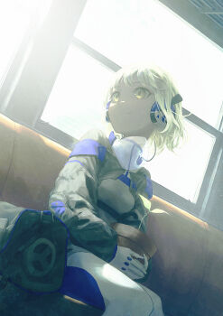 1girl absurdres breasts commentary_request gloves headphones highres light_smile long_sleeves looking_to_the_side original plant potted_plant puffy_sleeves sitting small_breasts smile tokaki white_gloves window