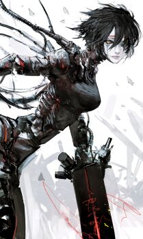 Rule 34 | 1girl, absurdres, android, arm cannon, beam rifle, black hair, black sclera, blame!, body markings, breasts, cable, colored sclera, energy gun, facial mark, floating hair, forehead mark, glowing, hair between eyes, hair over one eye, highres, humanoid robot, joints, kyezzzz, mechabare, mechanical arms, mechanical legs, medium breasts, metal skin, robot, robot girl, robot joints, safeguard (blame!), sanakan, science fiction, short hair, simple background, sparks, weapon, white background, yellow eyes