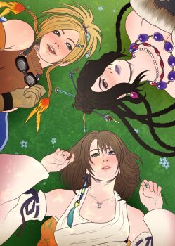 3girls absurdres bare_shoulders bead_necklace beads blue_flower braid breasts brown_hair brown_shirt detached_sleeves dress earrings eyeshadow feather_hair_ornament feathers final_fantasy final_fantasy_x flower fur-trimmed_dress fur_trim gloves goggles goggles_around_neck grass grey_gloves hair_beads hair_ornament hair_over_one_eye hair_stick hair_tie heterochromia highres japanese_clothes jewelry large_breasts long_hair lulu_(ff10) lying makeup medium_breasts medium_hair mole mole_under_mouth multiple_braids multiple_girls multiple_necklaces necklace noctglaiveart nontraditional_miko off-shoulder_dress off_shoulder on_back open_mouth parted_lips ponytail purple_lips red_eyes rikku_(ff10) shirt sleeveless sleeveless_turtleneck smile turtleneck twin_braids updo upper_body white_sleeves wide_sleeves x_hair_ornament yuna_(ff10)