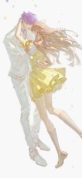 1boy 1girl arm_around_neck arm_around_waist brown_hair brown_shoes chaoxibumian closed_eyes collared_shirt couple dress flower foot_out_of_frame full_body grey_jacket grey_pants grey_shorts grey_socks hand_in_another&#039;s_hair hetero highres jacket loafers long_hair love_and_deepspace open_mouth pants protagonist_(love_and_deepspace) purple_hair rafayel_(love_and_deepspace) shirt shoes short_dress short_hair shorts smile socks white_background yellow_flower