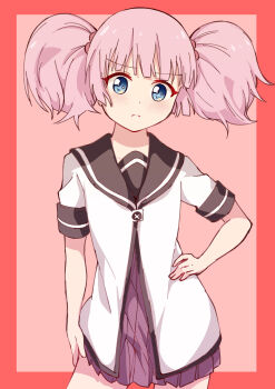 Rule 34 | 1girl, absurdres, black sailor collar, blue eyes, border, buttons, commentary request, cowboy shot, dress, frown, hair bobbles, hair ornament, hand on own hip, highres, light blush, looking at viewer, nanamori school uniform, one-hour drawing challenge, outside border, pink background, pink hair, pizza (pizzania company), pleated dress, red border, red dress, sailor collar, sailor shirt, school uniform, shirt, short dress, short hair, short sleeves, solo, twintails, white shirt, yoshikawa chinatsu, yuruyuri