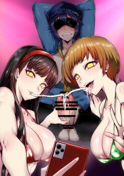Rule 34 | 1futa, 1girl, absurdres, amagi yukiko, areola slip, arms behind head, atlus, bar censor, bikini, black hair, black pants, blindfold, blue hair, blue shirt, breasts, censored, cum, cum in mouth, drinking straw, drinking straw in mouth, futa with female, futanari, gggg, green bikini, highres, large breasts, long hair, megami tensei, nipples, pants, peace symbol, penis, persona, persona 4, persona 4: dancing all night, persona dancing, phone, red bikini, satonaka chie, sega, shadow chie, shadow yukiko, shirogane naoto, shirt, short hair, straw, swimsuit, taking picture, testicles, urethral insertion, veins, veiny penis, yellow eyes, yellow neckwear