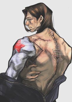 1boy black_bag body_bag brown_hair bucky_barnes captain_america:_the_winter_soldier captain_america_(series) hair_behind_ear hand_on_own_back highres irispardom male_focus marvel mechanical_arms medium_hair muscular muscular_male parted_bangs prosthesis prosthetic_arm single_mechanical_arm solo stitched_back stitches topless_male winter_soldier