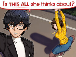 1boy 1girl amamiya_ren arms_up black-framed_eyewear black_hair black_jacket blazer brown_hair commentary english_commentary english_text female_pervert female_teacher glasses hair_between_eyes highres jacket kawakami_sadayo long_sleeves looking_at_viewer medium_hair neggoartz persona persona_5 pervert shadow shirt shoes short_hair smirk smug spread_legs squatting turtleneck white_shirt white_shoes yellow_shirt