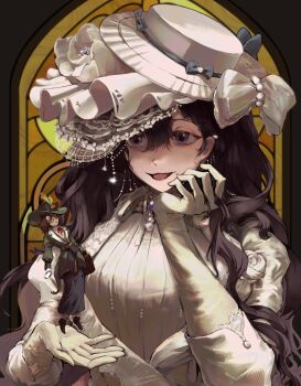 Rule 34 | 2girls, :d, absurdres, black hair, black skirt, bow, brown shoes, buttercat, crazy smile, dress, gloves, green hat, green jacket, hands up, hat, hat bow, hat feather, highres, holding, holding mini person, isolde (reverse:1999), jacket, kakania (reverse:1999), long skirt, looking at another, mini person, minigirl, multiple girls, open mouth, purple eyes, reverse:1999, shoes, skirt, smile, stained glass, upper body, veil, white bow, white dress, white hat, white veil, window, yellow gloves