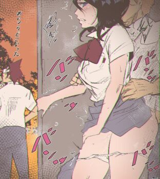 1girl 2boys abarai_renji black_hair bleach hiding hiding_behind_another kuchiki_rukia kurosaki_ichigo maxi multiple_boys netorare orange_hair panties petite red_hair school_uniform sex sex_from_behind short_hair underwear white_panties