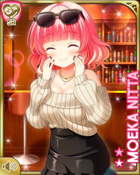 1girl alternate_costume bar black_bow black_skirt bottle bow breasts card character_name cleavage closed_eyes closed_mouth female_focus fishnet_pantyhose fishnets girlfriend_(kari) indoors jewelry large_breasts necklace night nitta_moeka official_art pantyhose pink_hair purple_eyes qp:flapper short_hair skirt smile solo standing sweater tagme white_sweater wine_bottle