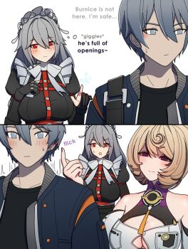 1boy 2girls alexandrina_sebastiane bag black_bag black_skirt blue_jacket blush breasts cleavage cleavage_cutout closed_mouth clothing_cutout detached_sleeves dorahdew english_text grey_eyes grey_hair hair_between_eyes highres jacket jealous large_breasts long_hair looking_at_viewer maid maid_headdress monster_girl multiple_girls open_mouth red_eyes scylla shoulder_bag skirt sleeveless sleeveless_turtleneck sweatdrop turtleneck very_long_hair white_background wise_(zenless_zone_zero) yidhari_murphy zenless_zone_zero