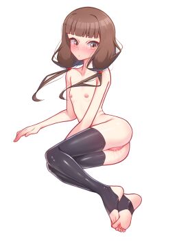 1girl absurdres ass blunt_bangs blush breasts brown_eyes brown_hair censored cleft_of_venus closed_mouth collarbone commentary english_commentary heart heart_censor highres iino_miko kaguya-sama_wa_kokurasetai_~tensai-tachi_no_renai_zunousen~ loli long_hair looking_at_viewer low_twintails moriforests navel nipples nude pussy simple_background skinny small_breasts solo thighhighs toeless_legwear twintails white_background