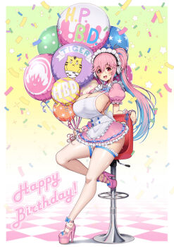 1girl absurdres apron balloon blue_hair blue_nails breasts cleavage confetti full_body gradient_background green_background headphones high_heels highres large_breasts long_hair looking_at_viewer maid maid_headdress miniskirt multicolored_hair nitroplus open_mouth pink_hair pink_heels pink_shoes pink_skirt ponytail red_eyes revealing_clothes shoes sideboob sitting skirt smile solo stool super_sonico thighhighs tile_floor tiles two-tone_hair virus-g white_apron white_thighhighs yellow_background