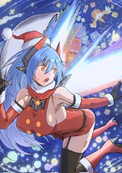 1boy 1girl :o android antlers blue_hair breasts christmas cloud core_crystal_(xenoblade) deer_antlers dress gift hat headgear high_heels highres holding holding_sack horns joints large_breasts merry_christmas nemimin nopon poppi_(xenoblade) poppi_qtpi_(xenoblade) red_nose red_scarf reindeer_antlers robot_ears robot_joints sack santa_costume santa_dress santa_hat scarf snow star_(sky) thighhighs tora_(xenoblade_2) wings_of_light xenoblade_chronicles_(series) xenoblade_chronicles_2 yellow_eyes